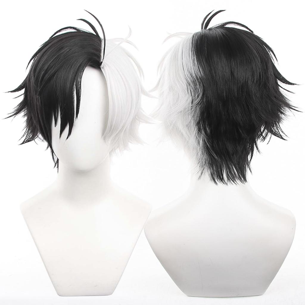 Black and White Short Full Anime Character with Perfect for Comic Market School Cultural and Stage Performances Wig, Cosplay, Heat-Resistant, Net,