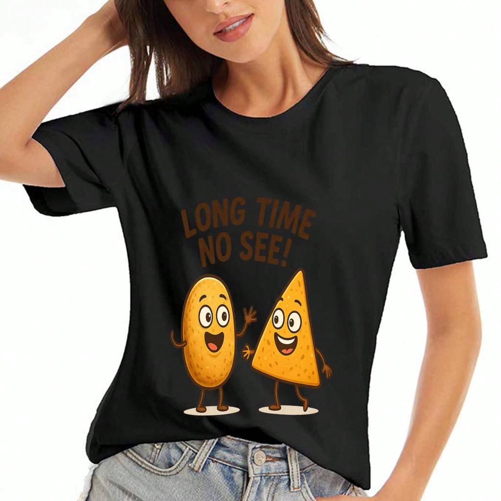 Potato And Tortilla Chip Ladies Cotton T Shirt, Pure Cotton Premium Print, Durable, Casual Fashion, Long Time No See Graphic Tee, Friendly Food Friend