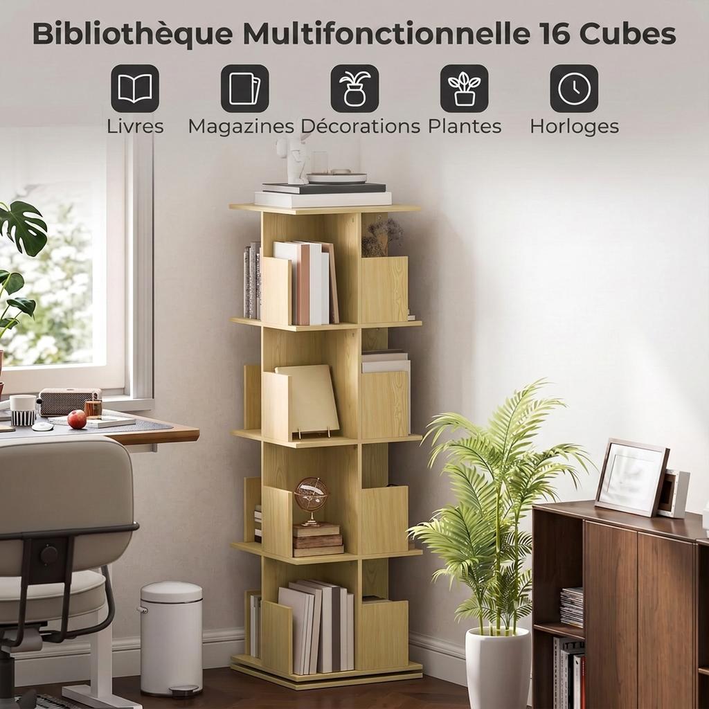 Rotating Bookshelf, 360 Degrees, 4 Shelves, 39 x 39 x 128.3 cm, Oak