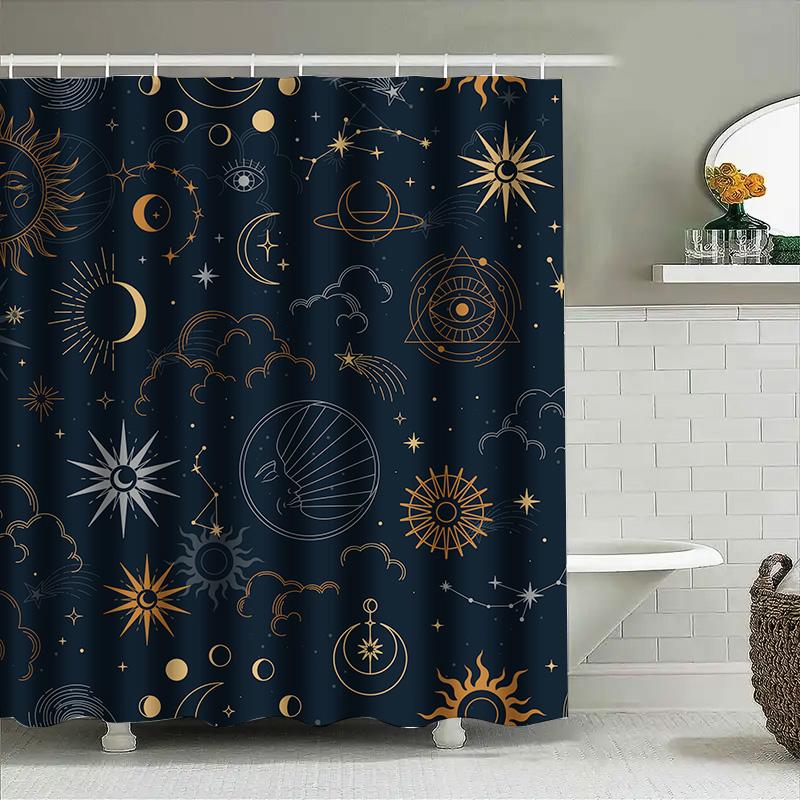 Gothic Astral Shower Curtain with Golden Constellation Sun Moon Eye Design for Bathroom Decor Navy Blue White Sun Moon Bathroom