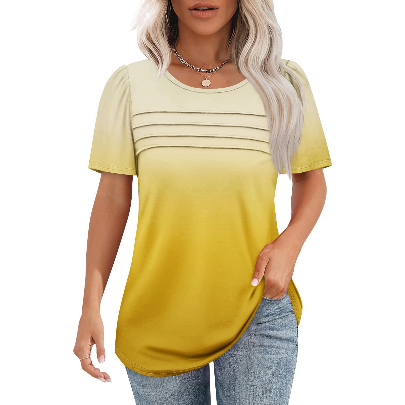 

Женская футболка с коротким рукавом, элегантная повседневная рубашка, весенне-летний наряд, струящиеся плиссированные топы с круглым вырезом спереди, летние топы XL жёлтый