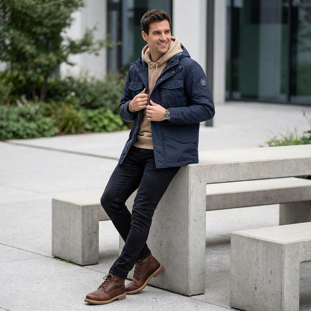 Timberland Jachetă cu glugă și fermoar ascuns, culoare solidă, pentru bărbați, jachete, Albastru A2EQV-433