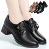 Women's Black Leather Mid-heel Lace-up Work Shoes with A Chunky Heel and Soft Leather Comfortable Single Shoes