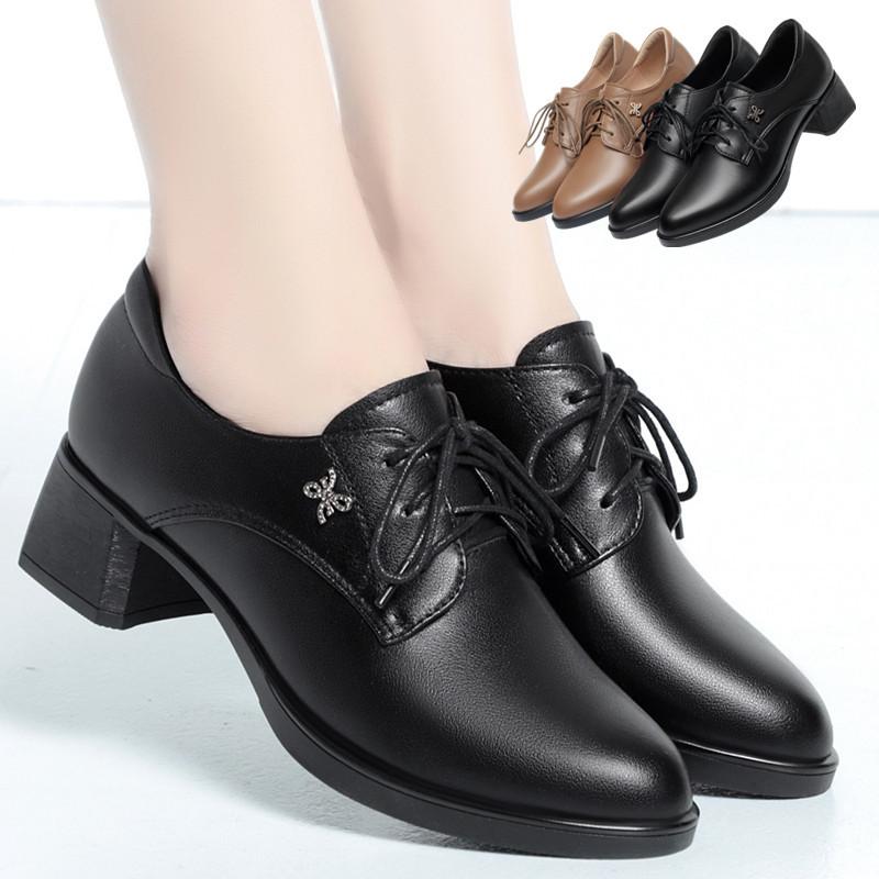 Women's Black Leather Mid-heel Lace-up Work Shoes with A Chunky Heel and Soft Leather Comfortable Single Shoes