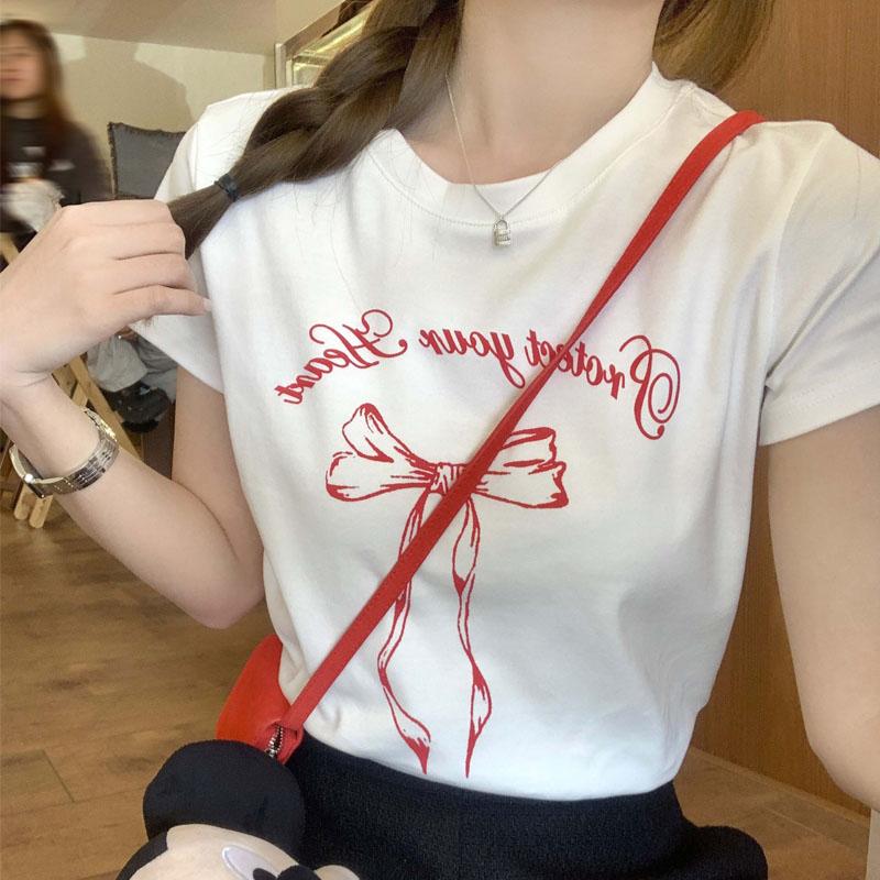 

Корейские милые футболки с графикой букв и бантов, футболка с круглым вырезом для женщин, повседневный свободный топ, летняя одежда оверсайз для женщин 3XL