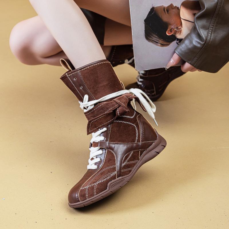 Retro Boxing Boots Inner Height Increasing Suede Maillard Fashion Medium Boots Women's Sports Outdoor Boots Autumn