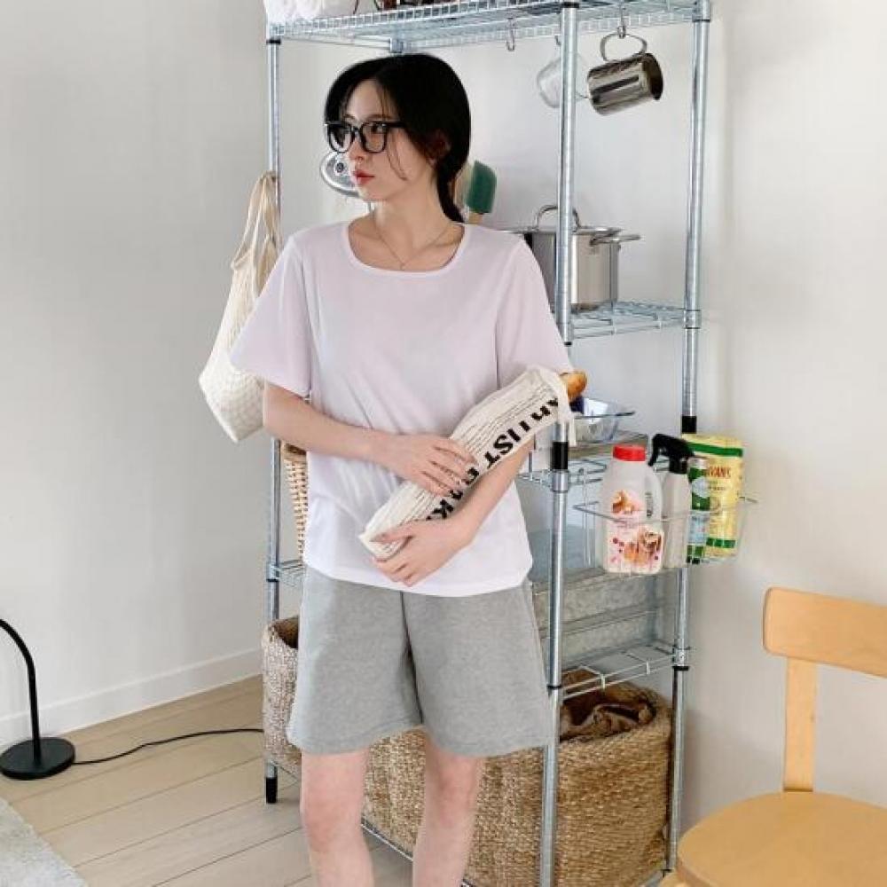 New Arrivals Open RUn Women Loose FiT Span Ribbed U Neck ShorT Sleeve T shirT