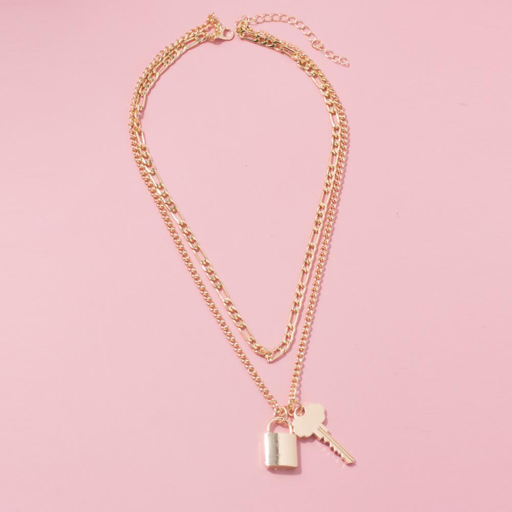 Stunning Double Layer Alloy Sweater Chain Necklace With Key Lock Pendant For Fashion Lovers