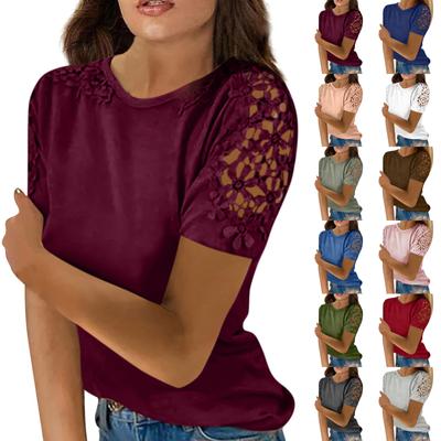 Women's Fashion Lace Hollow Solid Colour Round Neck Short Sleeve T-ShirtTop