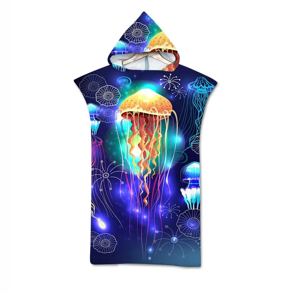 Jelly Fish Bath Beach Towel with Hood Microfiber Soft Hooded Robe Towel Poncho for Swimming Beach Surf Woman Bathrobe Beachwear