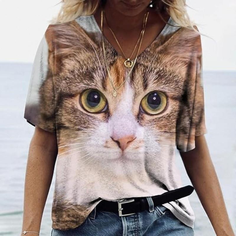Summer V-neck 3D Kawaii Cat Printed Top Fashionable Casual Short Sleeved Women's T-shirts