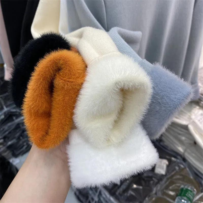 Korean Half High Collar Slim Thick Knitted Pullovers Women Winter Plus Velvet Warm Sweaters Solid Casual Fleece Lined Jumpers