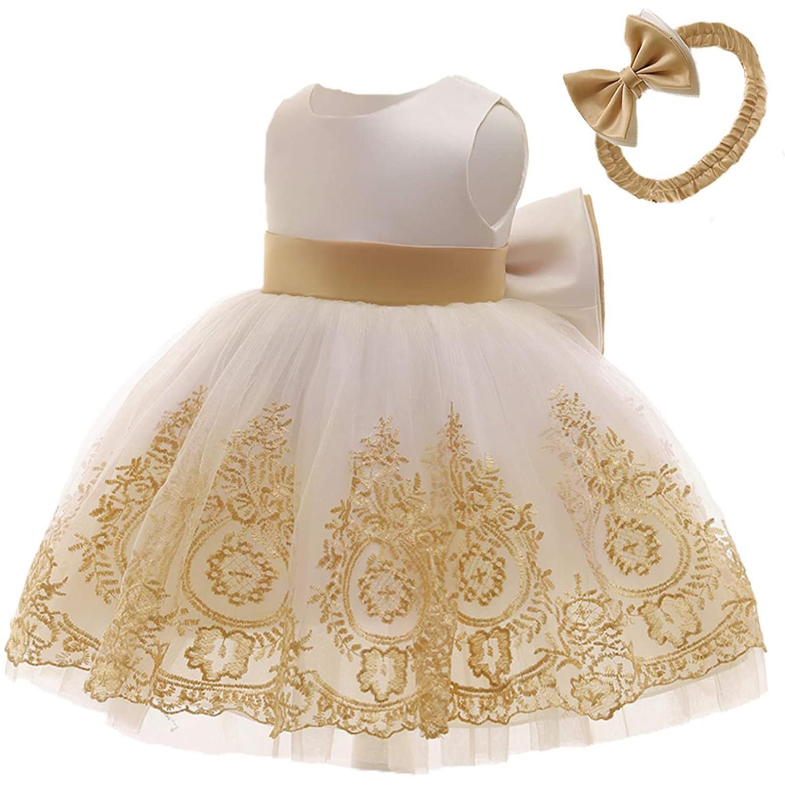 

Пышное кружевное платье для маленьких девочек, праздничное платье с бантом для малышей, платье с головным убором 100 золотой