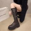 Damen Hohe Stiefel Frau Rutschfeste Gürtelschnalle Winter PU Leder Kniehohe Stiefel Damen Klobige Plateaustiefel Lange Stiefel 5452