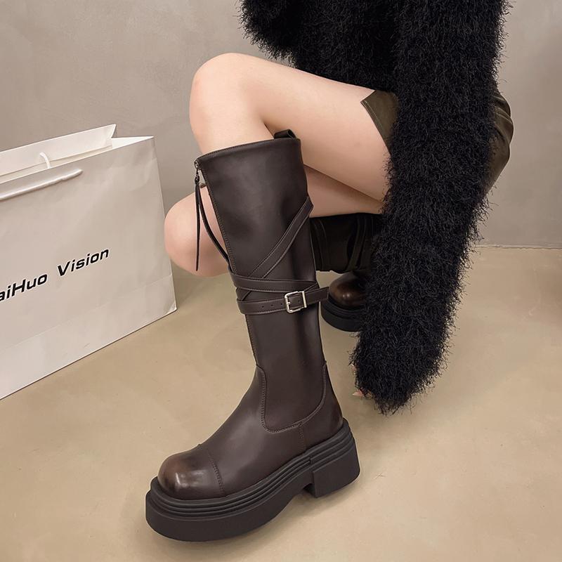 Damen Hohe Stiefel Frau Rutschfeste Gürtelschnalle Winter PU Leder Kniehohe Stiefel Damen Klobige Plateaustiefel Lange Stiefel 5452