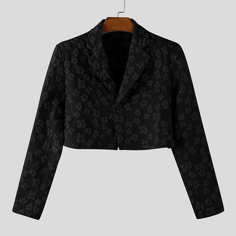 INCERUN Men Lapel Neck Long Sleeve One Button Flowers Texture Cropped Blazer Coats