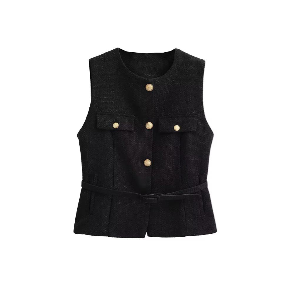 

Женский жилет без рукавов с поясом и деталью в виде металлической пряжки, весна 2025 Extra Small чёрный