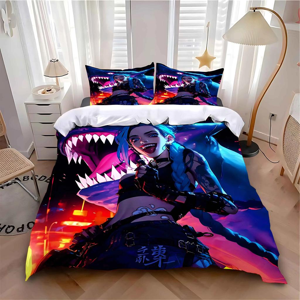 Exquisite 3D Arcane Jinx Wallpaper Game Wild Rift Print Bedding Set Duvet Cover Comforter Bed Youth Girls Boys Gift
