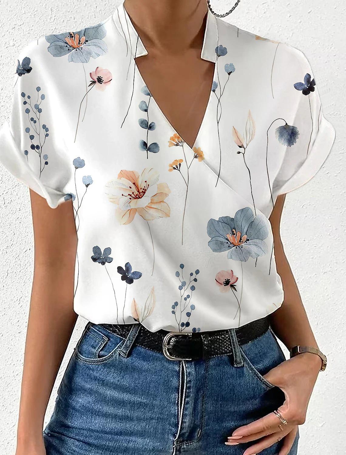 

2023 Bestseller Summer Loose V-Neck Stand-up Collar Printed Women s Blouse Medium квітковий/сірий колір