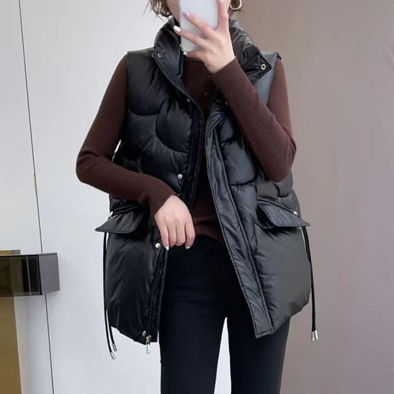 

Пуховый жилет, женский короткий зимний новый камзол, верхняя одежда на белом утином пуху, воротник-стойка, корейская версия, модная свободная теплая куртка XXL