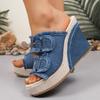 Fashion Blue Denim Wedge Heel Sandals for Women Summer Fashion Double Buckle Chunky Platform Sandals Woman Gothic Thick Bottom Slippers