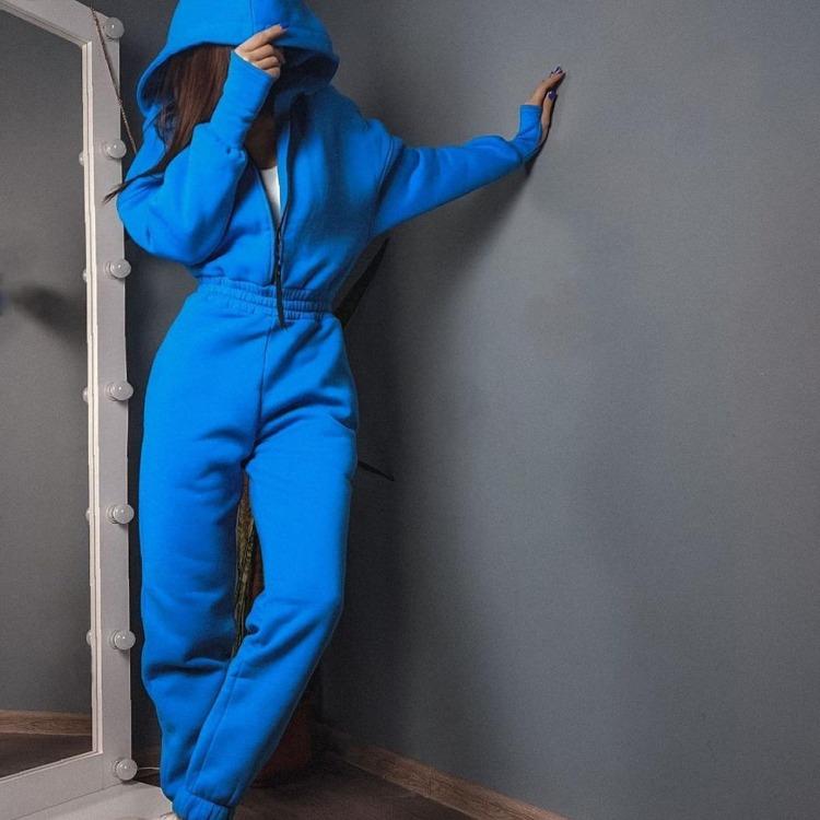 Women Hooded Jumpsuit Long Sleeve V Neck Solid Color Wide Leg Pants Suit Loose Autumn Winter Top