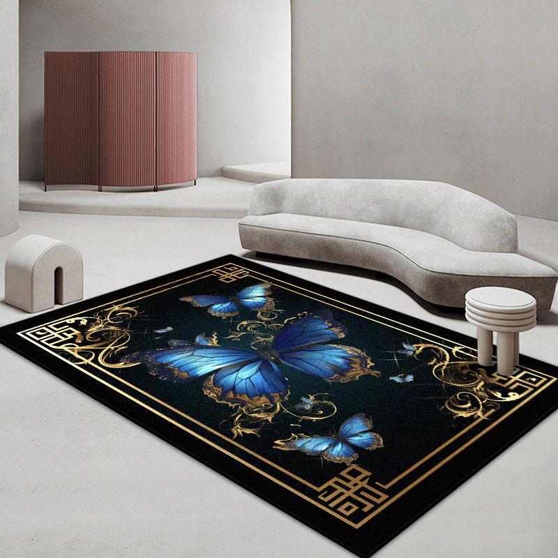 Modern Black Living Room Rug Butterfly Pattern Bedroom Carpet Soft Golden Border Antiskid Cloakroom Sofa Table Mat Easy Clean
