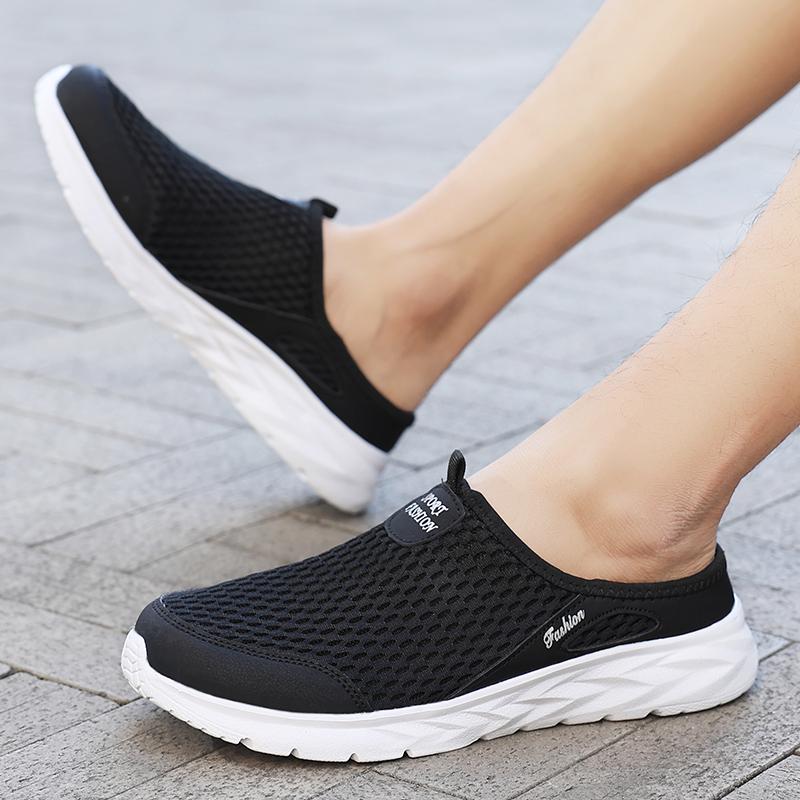 Mens Half Slippers Summer Breathable Mesh Mens Shoes Outdoor Casual Walking Shoes Large Flat Light Mesh Slippers Sandals