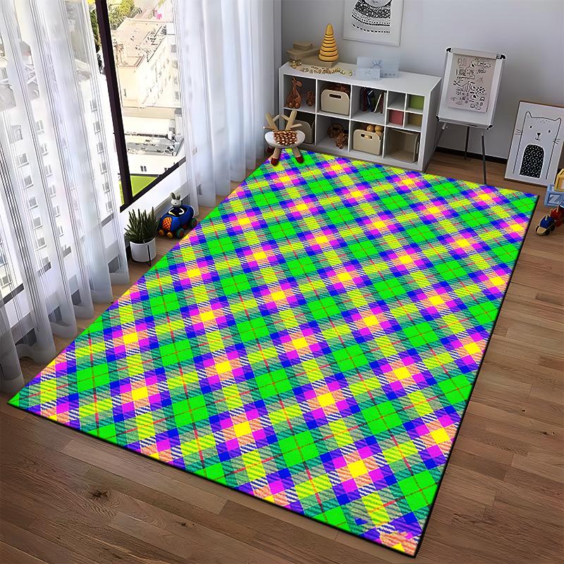 Colorful Plaid Pattern Carpet, Bright Green, Yellow, Purple Design Suitable for use as an anti-slip for living room bedroom sofas