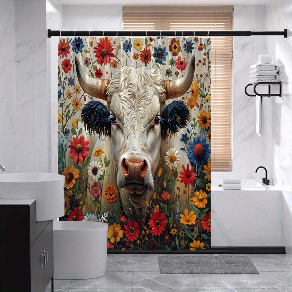 Whimsical Cow & Floral Bath Curtain -Colorful Flowers & Playful Design,Waterproof Home Decor Adds Fun And Charm To Your Bathroom