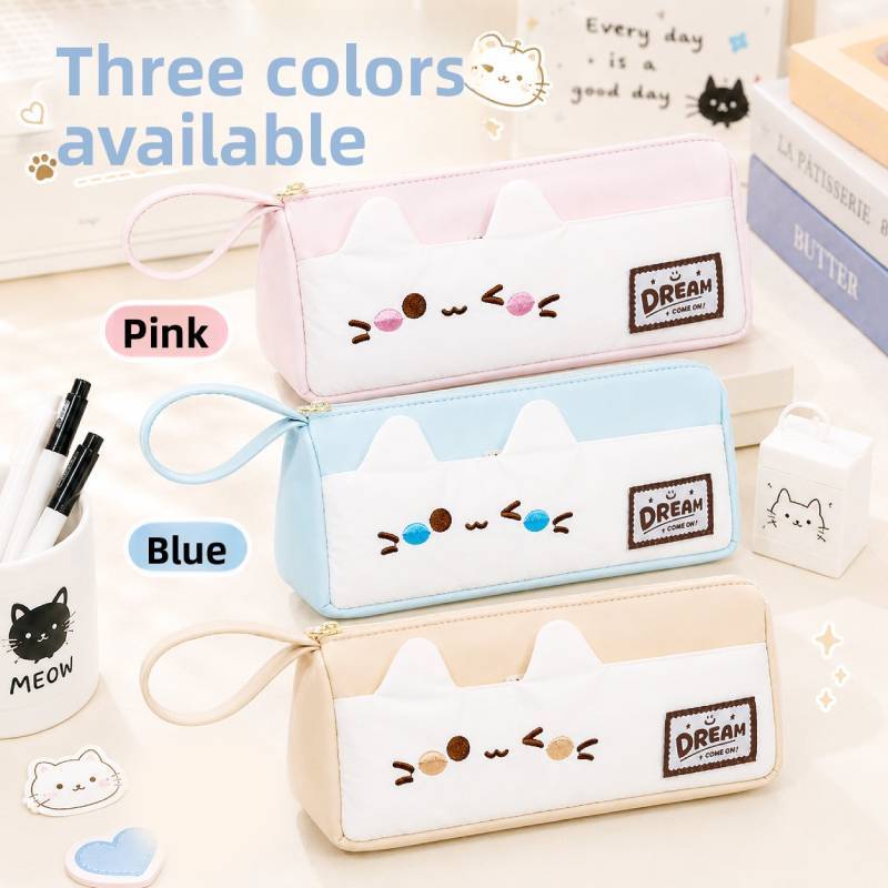 Small Pink Cat Cartoon Pencil Case With Large Capacity For Students And Office Use