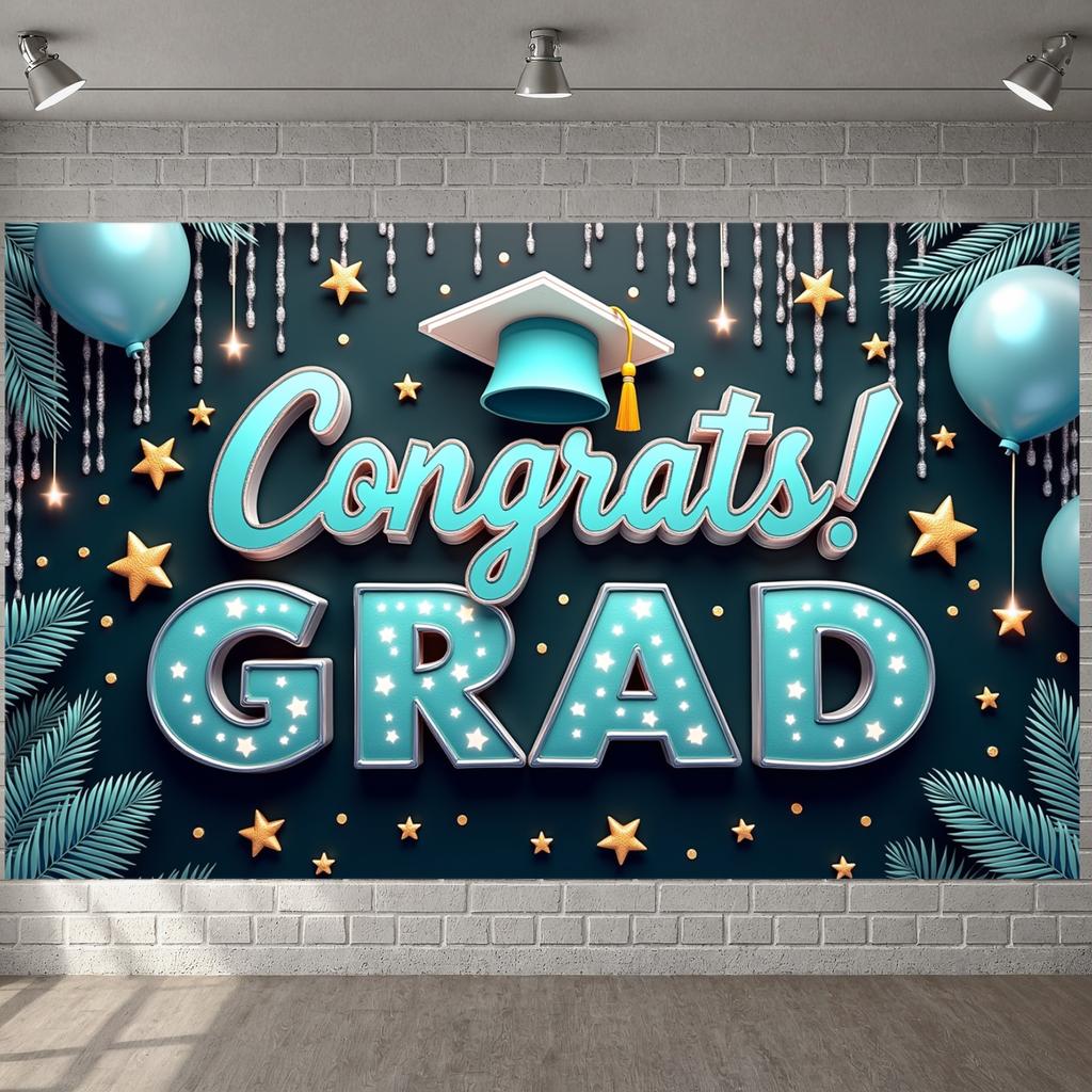 Graduation Ceremony Banner Colorful Balloons Congratulatory Display Grad Party Banner Congrats Lettering Grad Photo Background