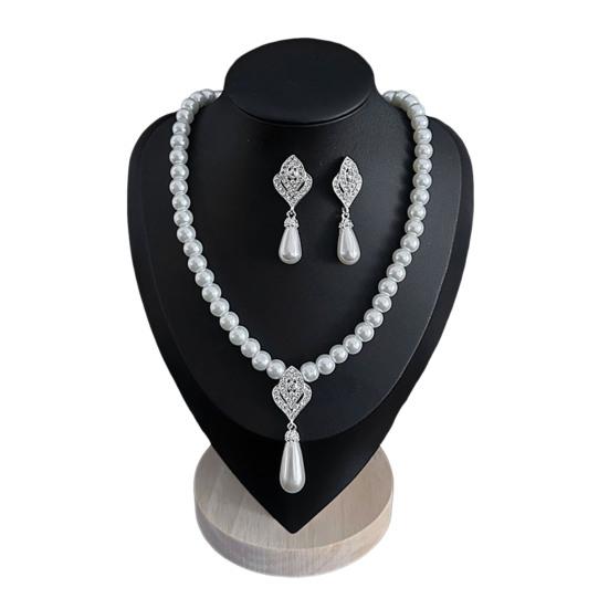 2Pcs/Set Imitation Pearl Jewelry Set Retro French Style Blue Waterdrop Faux Gem Charm Necklace Earrings Set