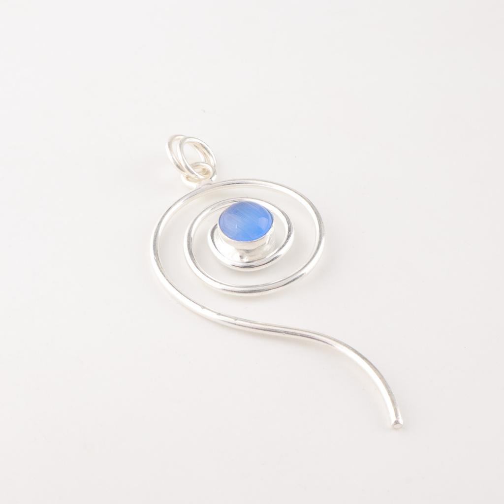 Dark Blue Cat's Eye Gemstone 925 Sterling Silver Jewelry Handmade Unique Pendant PP-42-49