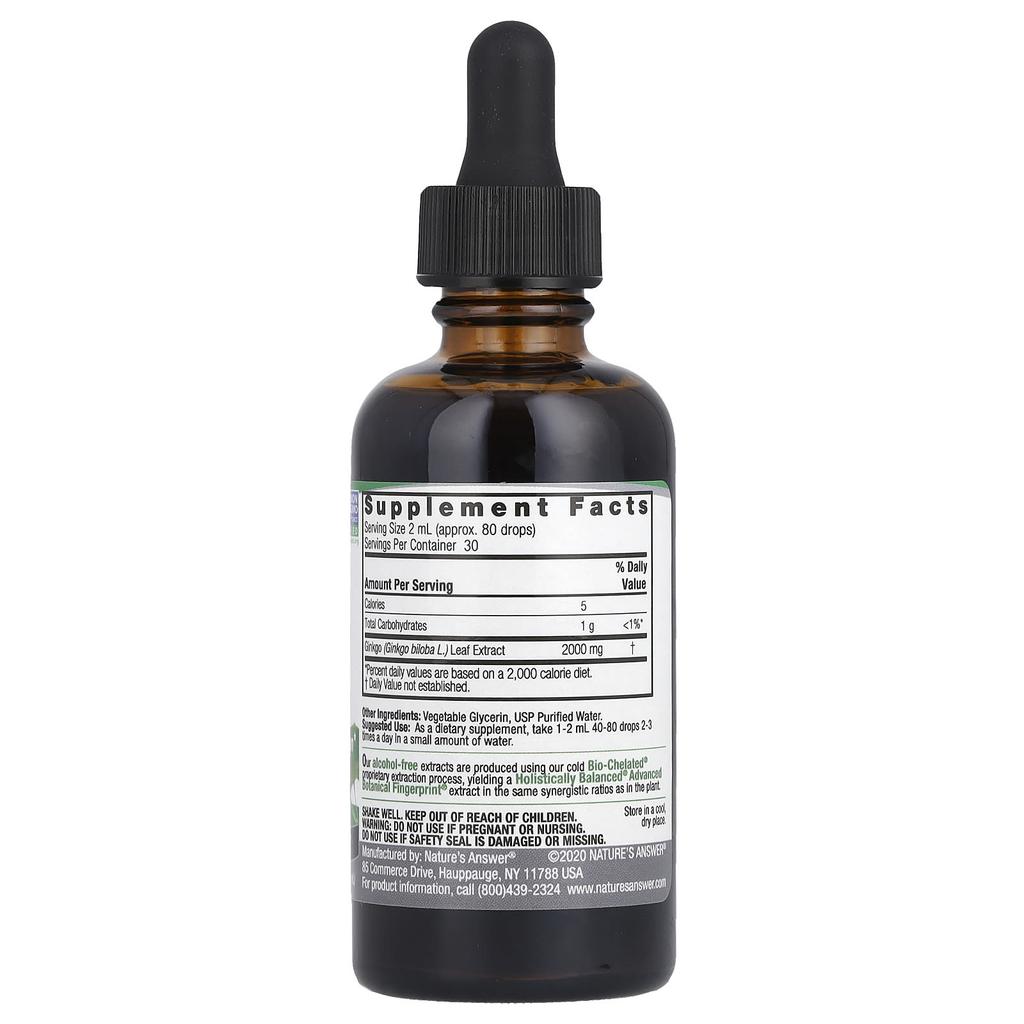 Nature's Answer, Ginkgo Leaf, Liquid Extract, Alcohol-Free, 2,000 mg, 2 fl oz (60 ml) (1,000 mg per ml)