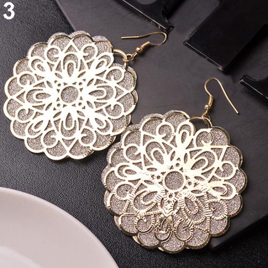 Women Vintage Ethnic Chic Large Round Hollow Flower Dangle Eardrops Hook Earrings