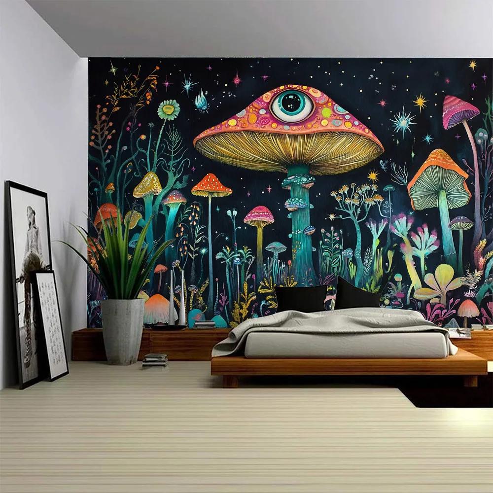 Cartoon Mushroom Tapestry Psychedelic Background Poster Hippie Hanging Cloth Children'S Room Decoration Kawaii Wall Decoration