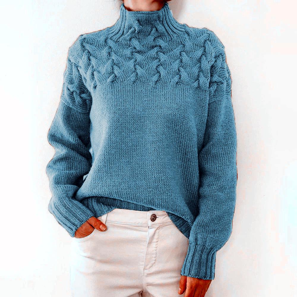 Damen Pullover mit Zopfmuster, hohem Kragen und langen Ärmeln