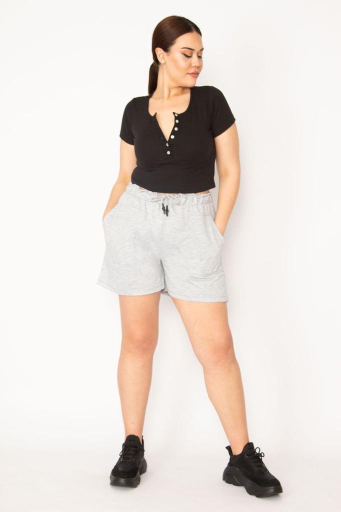 Damenmode Übergröße Shorts & Bermudas Große Größe Graue Shorts mit elastischem Bund und Schnür-Taschen