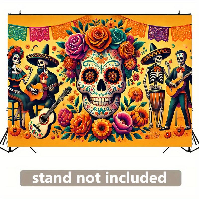 The background banner of the Day of the Dead Carnival - vibrant polyester wall coverings, colorful skulls and floral designs