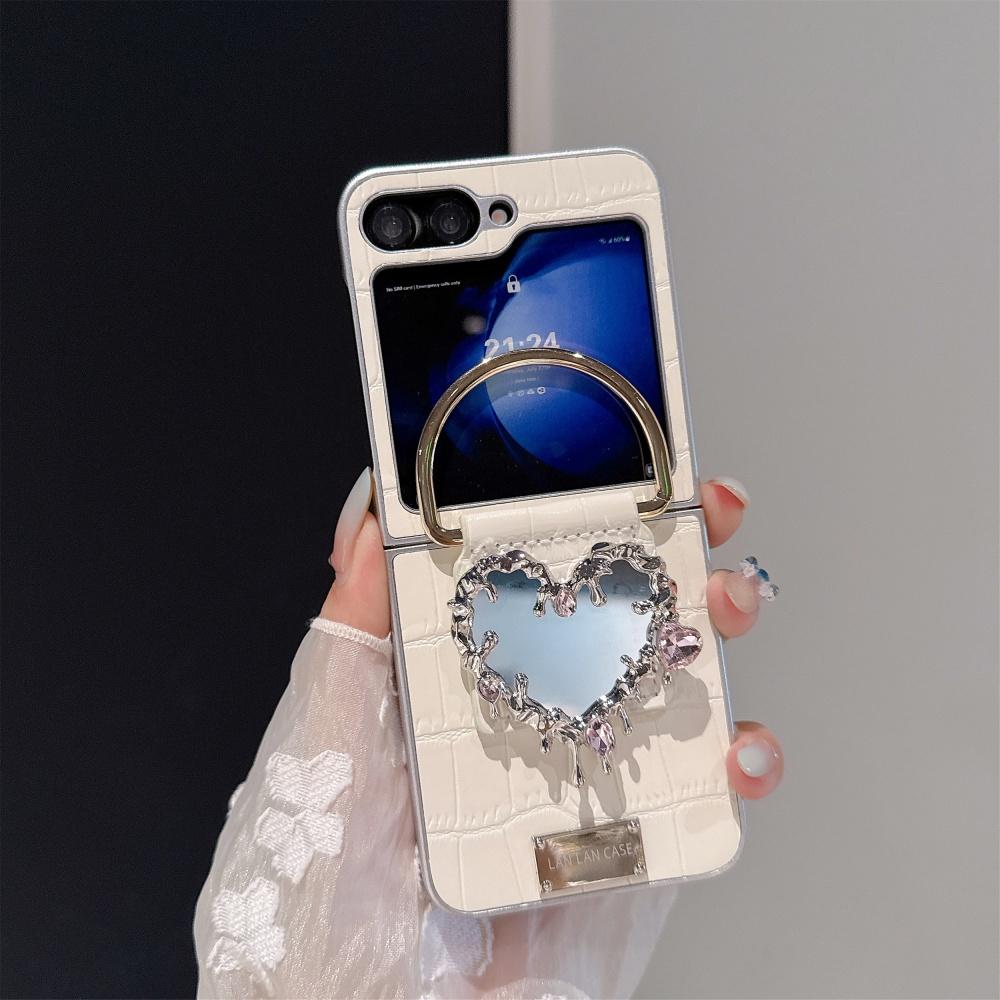 

Cute Love Heart Mirror Crocodile Pattern Case for Samsung Galaxy Z Flip 7 6 5 4 3 flip7 Zflip Ring Holder Bracket Leather Cover Galaxy Z Flip6 білий