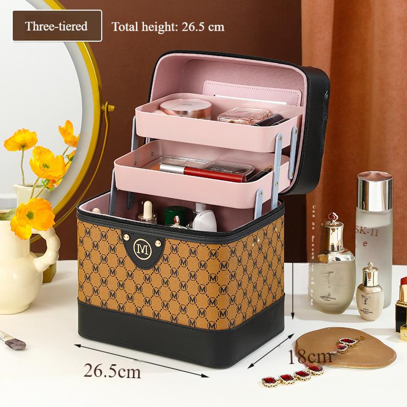 

Косметичка с большой емкостью для косметики и средств по уходу за кожей, коробка для хранения аксессуаров, женская портативная многофункциональная переносная коробка для инструментов 26.5x18x17cm черный коричневый