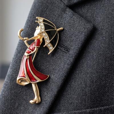 Holding Umbrella Girl Rhinestone Brooch Oil Dripping Black Umbrella Red Dress Girl