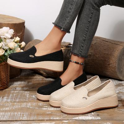 Autumn New Cloth Platform Onepedal Slope Heel Single Shoes Large Size Muffin Woven Loafers Women