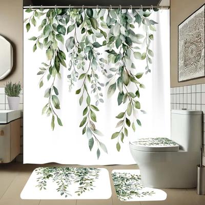 Set Of 4 Green Leaves, Waterfall, Simple Pattern Shower Curtains With Hooks, Bathroom Divider Curtains, Machine Washable