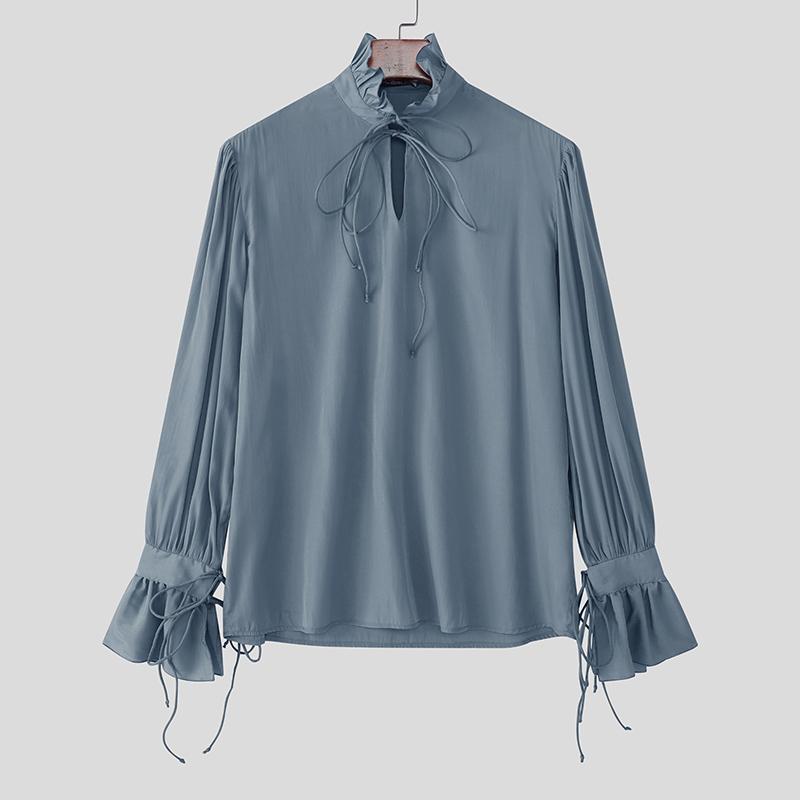 INCERUN Men Stand Neck Lace-up Long Sleeve Casual Oversized Elegant Shirts