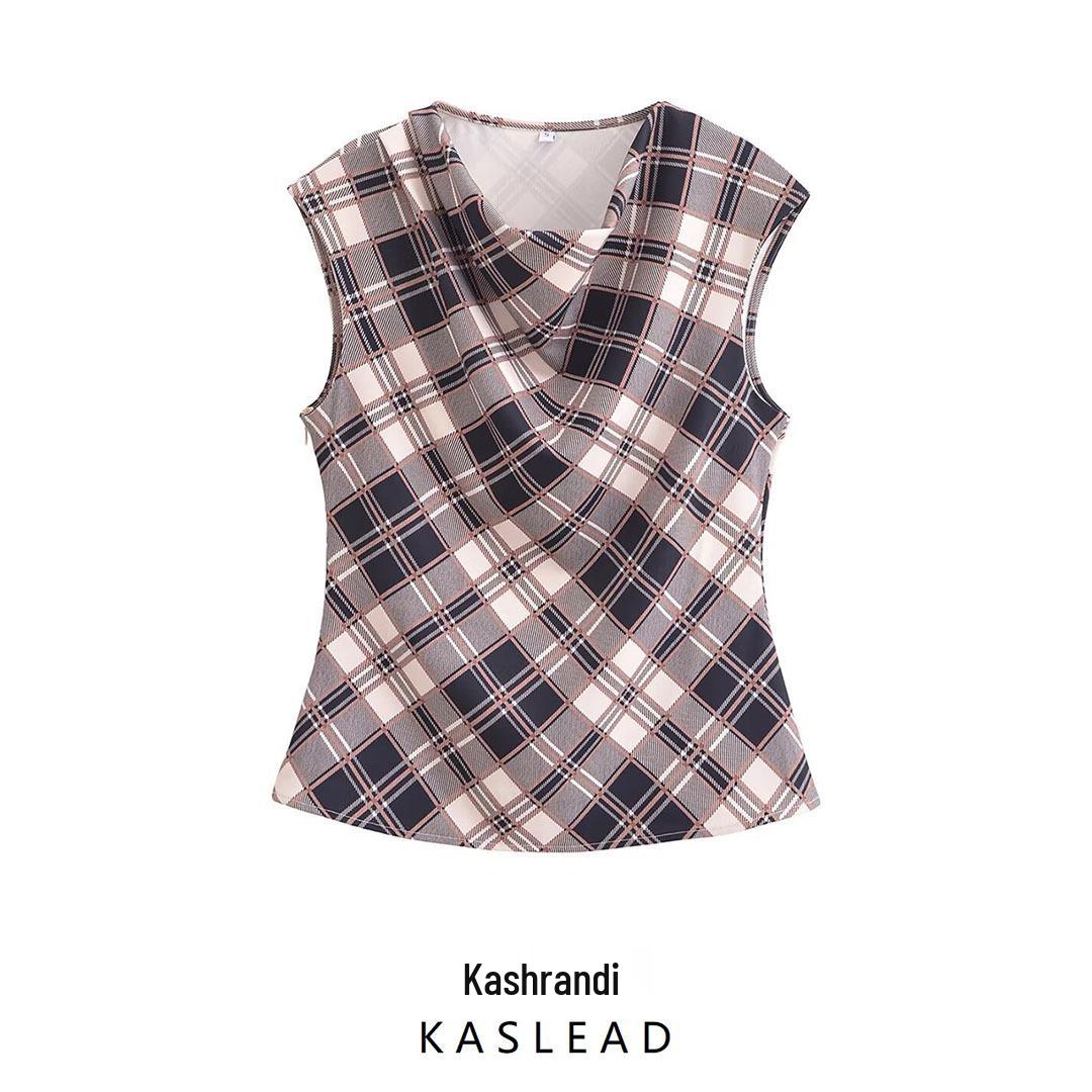

2025 Spring Women s European & American Plaid Cowl Neck Sleeveless Top M