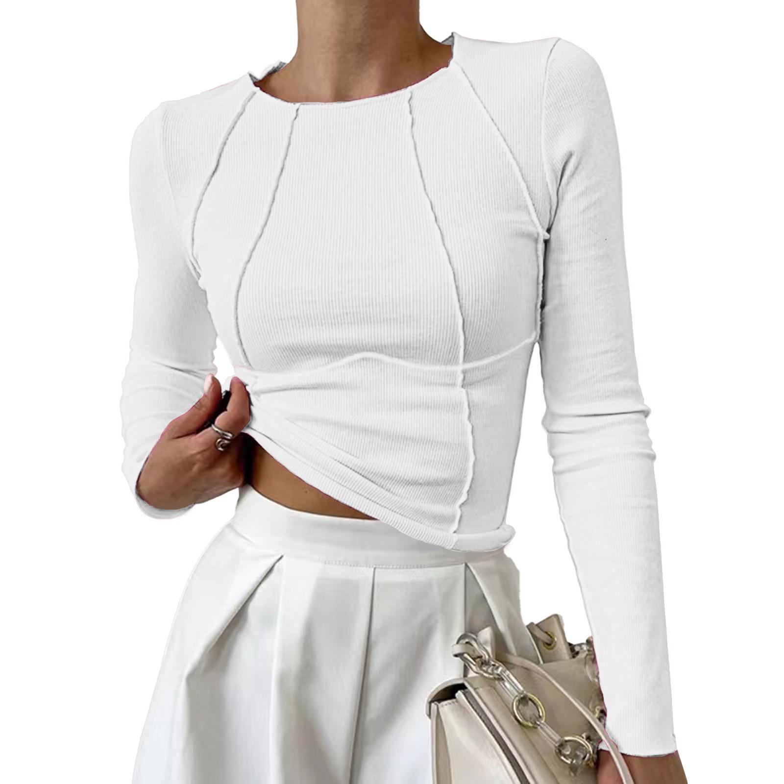 

Женская однотонная футболка с круглым вырезом и длинными рукавами с разрезом на груди для летней одежды XS белый