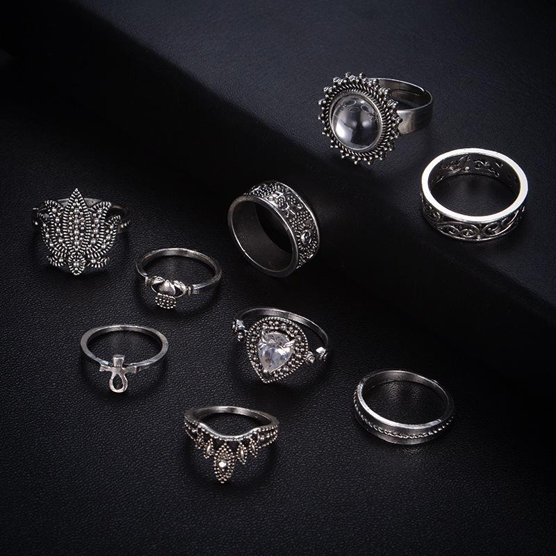 European & American Hot-Selling Retro Ethnic Knuckle Rings: 9-Piece Gemstone Set