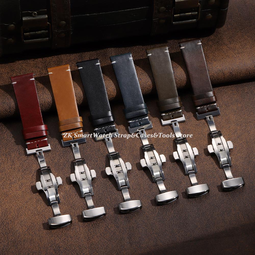 Premium Cowhide Watch Band Butterfly Buckle Stitching Calfskin Strap for Omega Wristband 18/19/20/21/22/24mm Bracelet for Seiko
